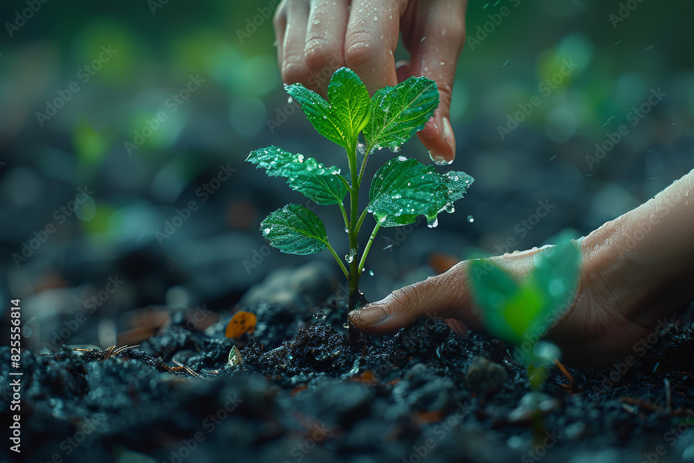 A person's hand planting a tree as part of a global reforestation initiative, contributing to environmental conservation efforts worldwide. Generative Ai. A person's hand planting a tree as part of a global reforestation initiative, contributing to environmental conservation efforts worldwide. Generative Ai.