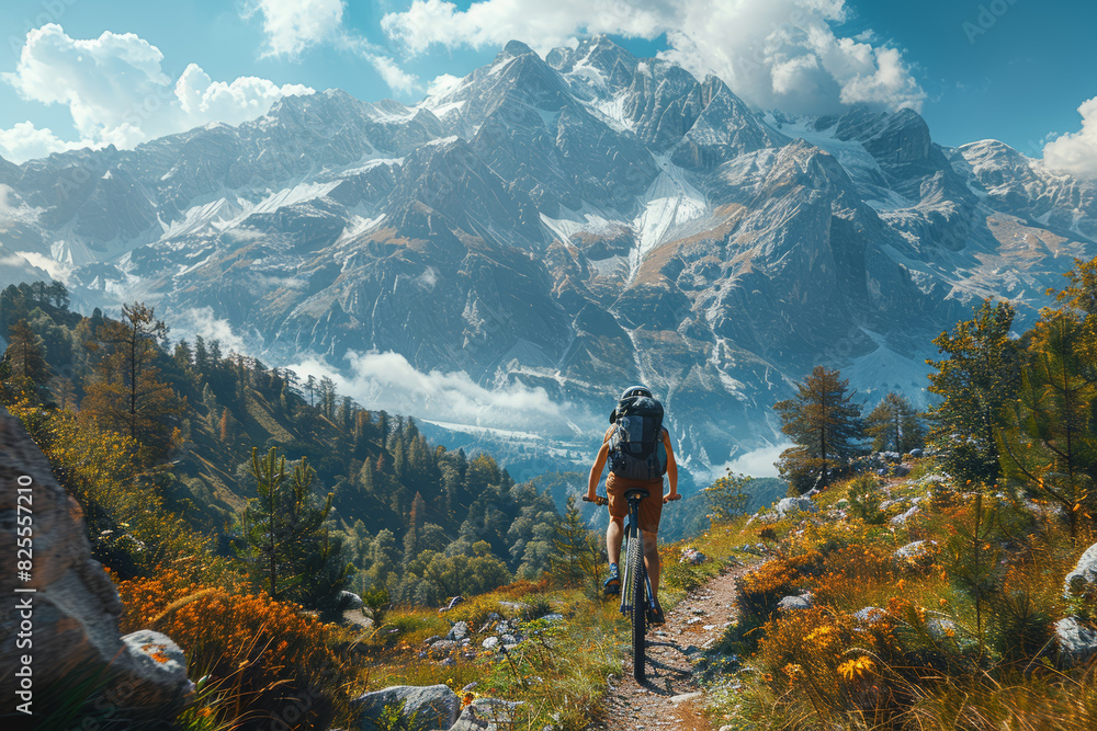 A cyclist riding down a scenic mountain trail. Concept of fitness and exploration. Generative Ai.