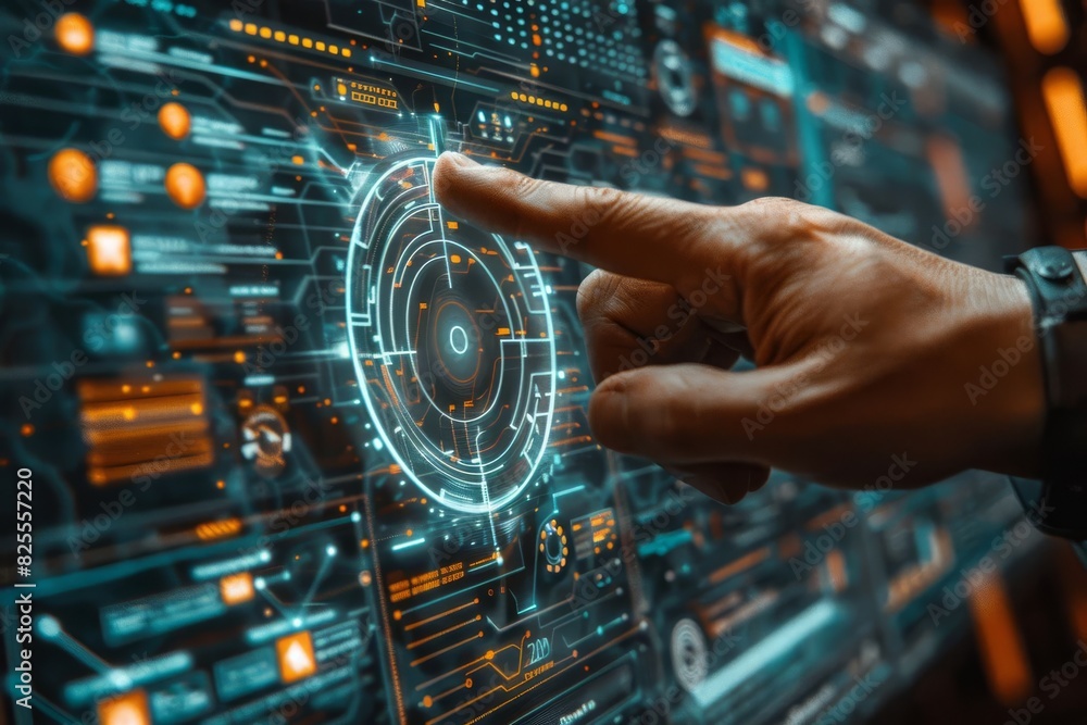 Hand interacting with futuristic digital touchscreen interface, showcasing advanced technology and innovation in user interface design. Hand interacting with futuristic digital touchscreen interface, showcasing advanced technology and innovation in user interface design.