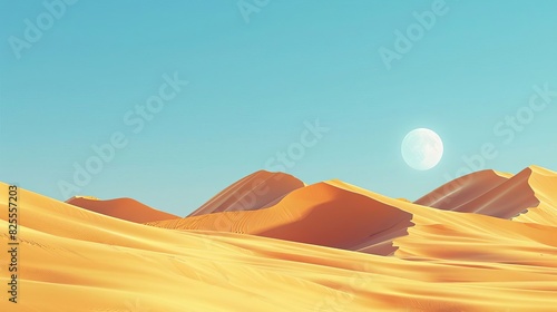 Illustration of a serene desert landscape with rolling sand dunes bathed in sunlight under a clear blue sky with a shining moon.