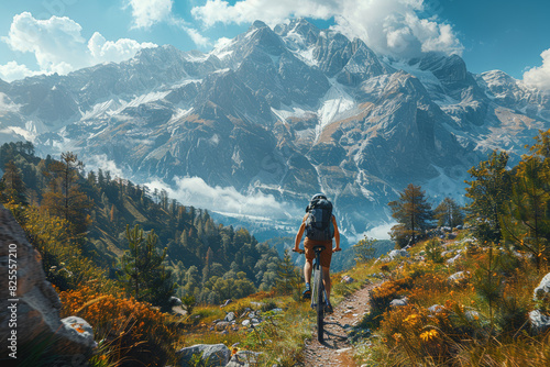 A cyclist riding down a scenic mountain trail. Concept of fitness and exploration. Generative Ai.