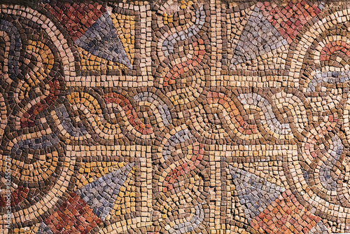 Intricate Roman mosaic floor design from ancient Prusa in Bursa, colorful geometric patterns, historical art detail