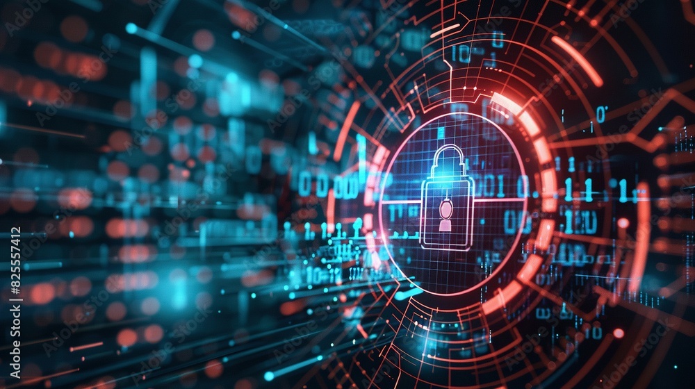 Obraz premium Cybersecurity Network on High-Tech Interface: Dynamic and Dramatic Layout
