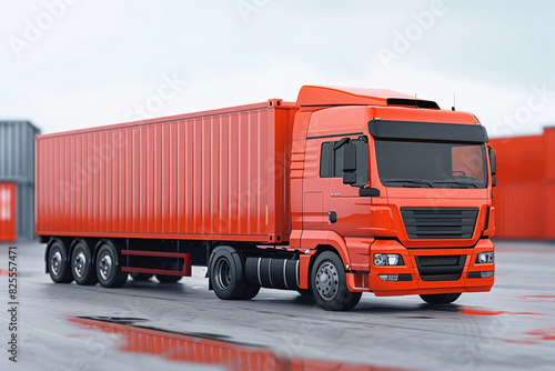 Modern red semi truck with cargo container