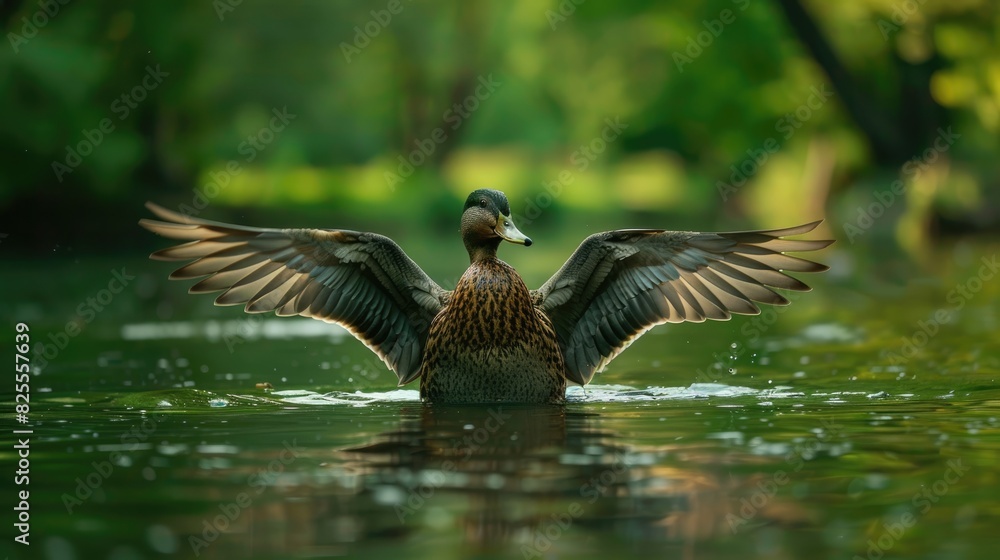 Obraz premium A duck with wings in a natural lake