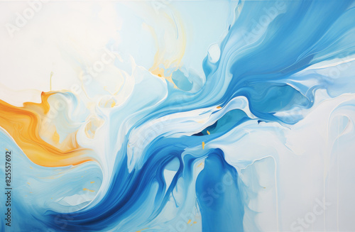 The painting is a beautiful blue and yellow swirl with a lot of movement.