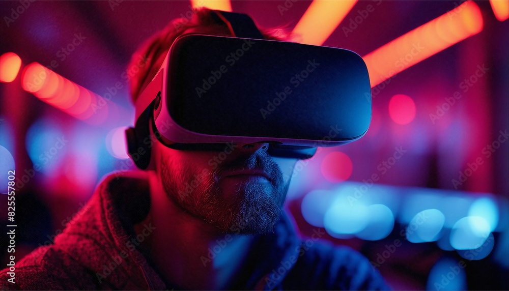 Man Immersed in Virtual Reality Experience with High-Tech Headset Man Immersed in Virtual Reality Experience with High-Tech Headset