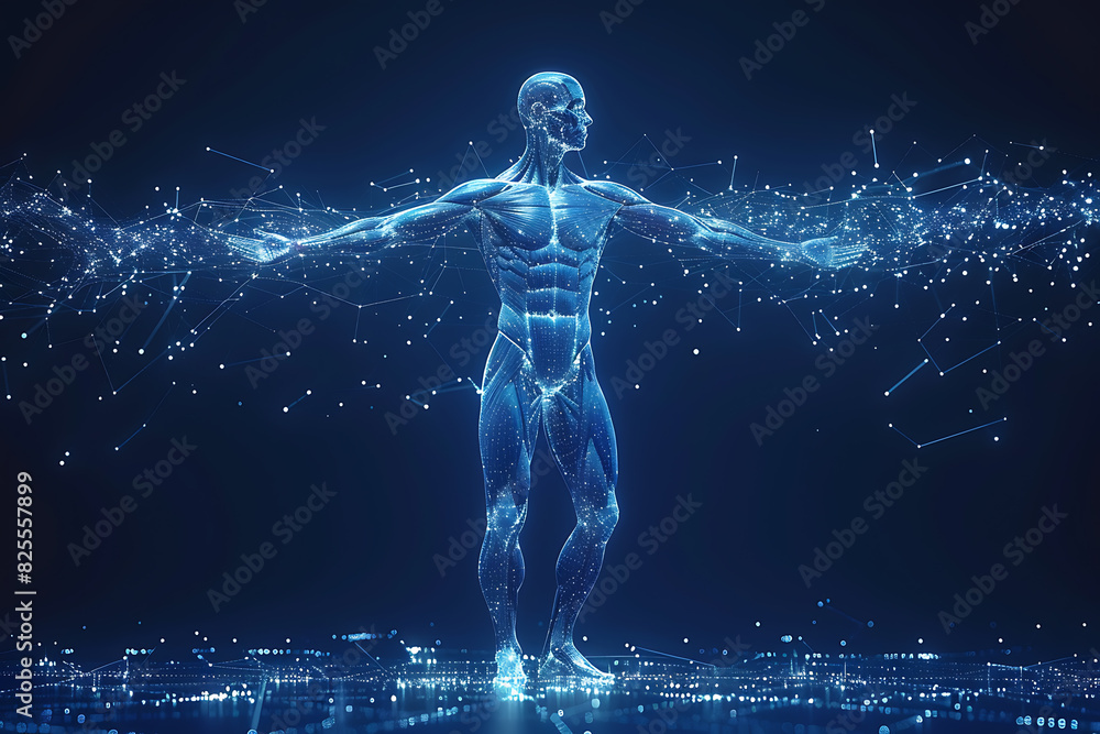 A detailed wireframe illustration of body parts with muscles, connected by dots on a dark blue background, symbolizing physical power and athleticism in a modern digital style