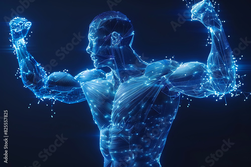 Human power low poly wireframe banner template. Polygonal physical strength, strong bodybuilder, athlete body mesh art illustration. 3D hand muscles, flexed biceps with connected dots
