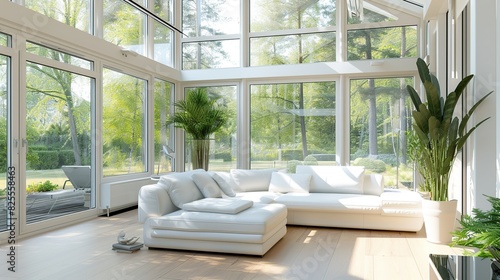 Sunroom in a modern bungalow with a white leather sofa . Generative Ai