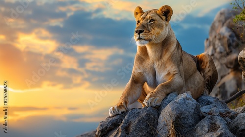 A regal lioness perched on a rocky outcrop, surveying her vast kingdom with a watchful gaze, her mane blowing gently in the breeze as the sun sets behind her, casting a warm glow on her majestic form. photo