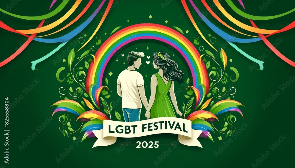 Fototapeta premium LGBT flag rainbow 2025 green Pride festival Month holiday Vector illustration