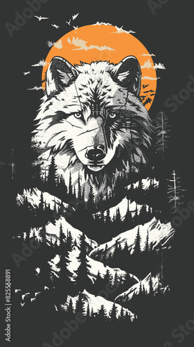 A wolf is staring at the camera with a sun in the background. The image has a mood of mystery and intrigue