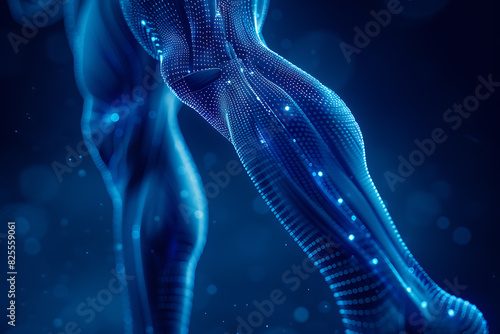 A detailed wireframe illustration of body parts with muscles, connected by dots on a dark blue background, symbolizing physical power and athleticism in a modern digital style