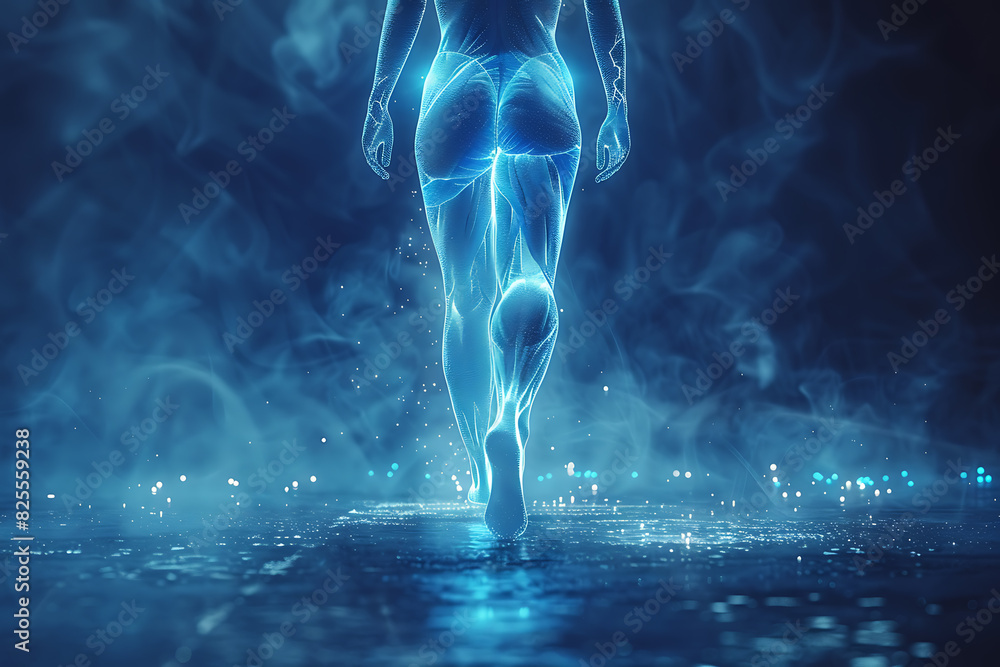 A detailed wireframe illustration of body parts with muscles, connected by dots on a dark blue background, symbolizing physical power and athleticism in a modern digital style A detailed wireframe illustration of body parts with muscles, connected by dots on a dark blue background, symbolizing physical power and athleticism in a modern digital style