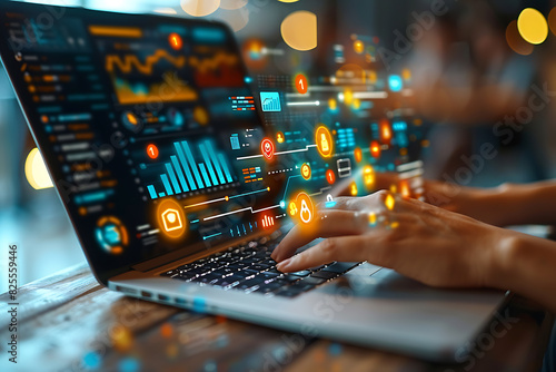 close up hands typing on a laptop with holographic icons related to marketing and various digital activities floating above, symbolizing modern technology and connectivity photo