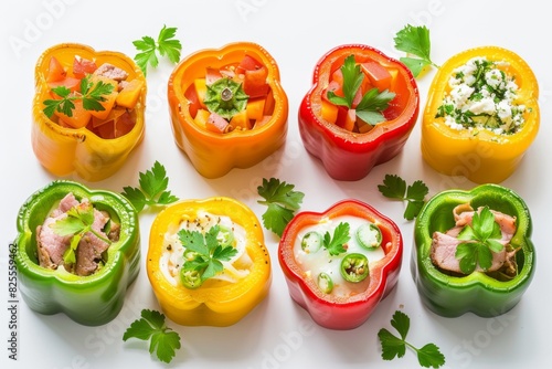 Stuffed peppers with various toppings on white surface