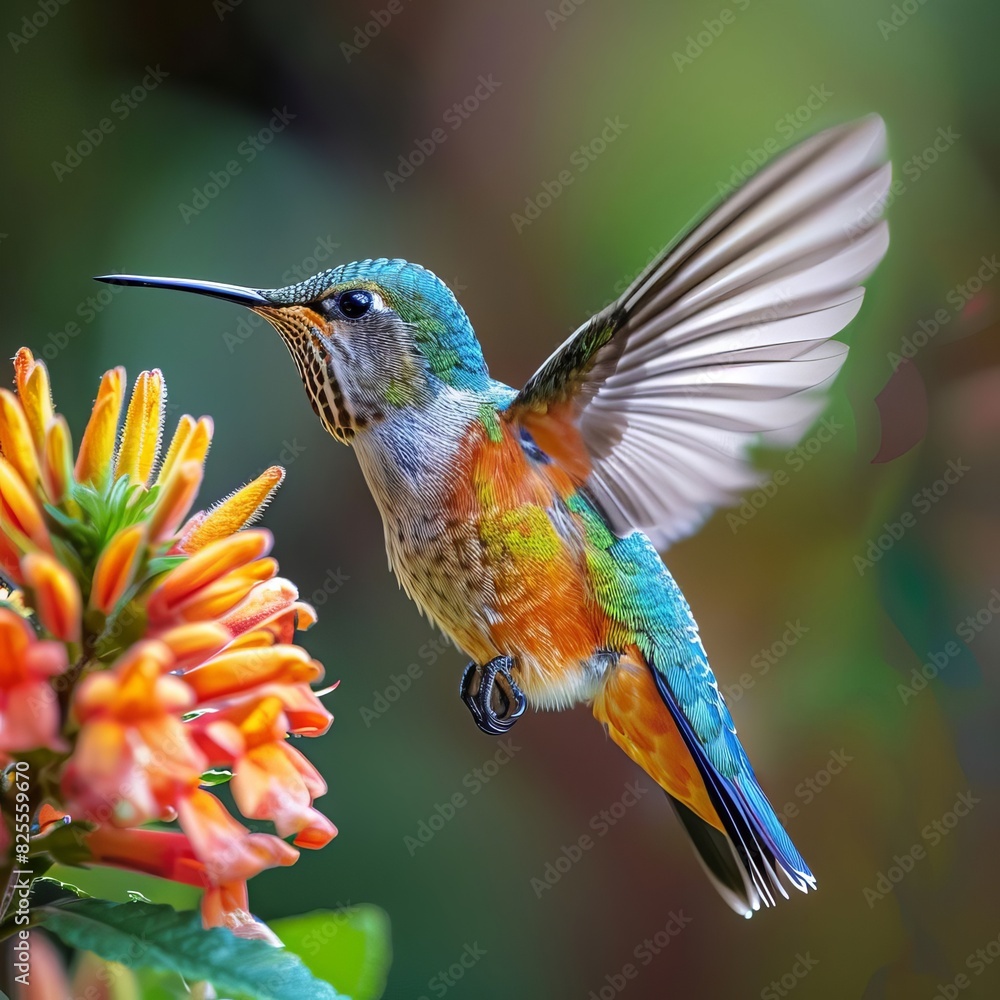 Vibrant hummingbird in mid-flight near orange flowers, showcasing nature's beauty. Blurred background highlights the bird's vivid colors. Vibrant hummingbird in mid-flight near orange flowers, showcasing nature's beauty. Blurred background highlights the bird's vivid colors.