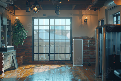 Air ionizer purifying the atmosphere in a home gym, creating a conducive environment for workouts. Concept of promoting health and wellness at home. Generative Ai. photo