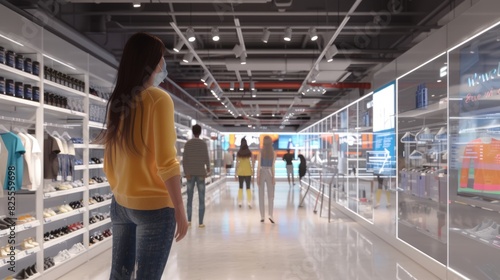 Skilled people using VR headset to connect in metaverse shopping mall and choosing product. Smart people walking in simulated shopping center while using visual reality goggles. Innovation. AIG42.