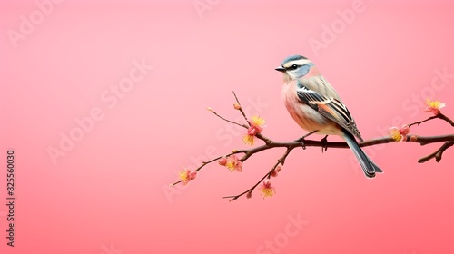 red backed shrike on branch with pink background photo