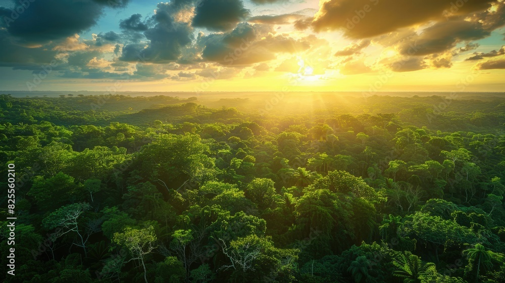 Beautiful green amazon forest landscape at sunset sunrise Beautiful green amazon forest landscape at sunset sunrise