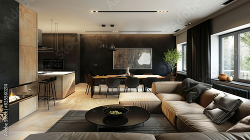 The stylish interior of the modern living room. bright and black interior. Generative Ai © Kharismafajar