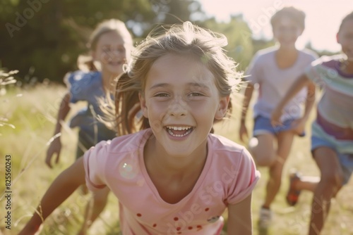 Group Of Children Having Fun Running Through Field On Summer Vacation Together