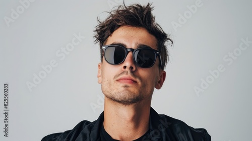 Obraz na płótnie A portrait of a good looking young man in black sunglasses against a white studio backdrop w salonie