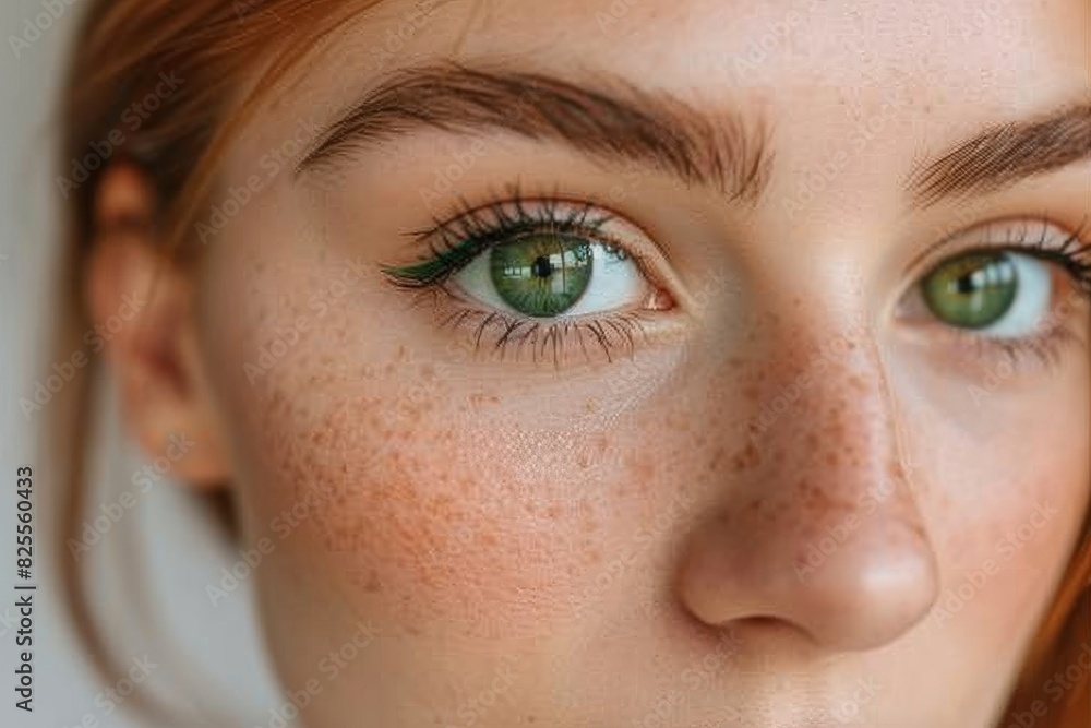 Fototapeta premium Green eyed girl with freckles showing a natural look on a soft focus background