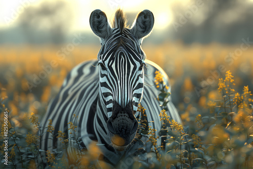 Contrast of a black and white zebra grazing in a lush green field. Concept of wildlife and natural habitats. Generative Ai.
