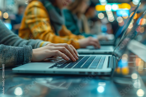 People typing on a laptop with holographic icons related to marketing and various digital activities floating above, symbolizing modern technology and connectivity