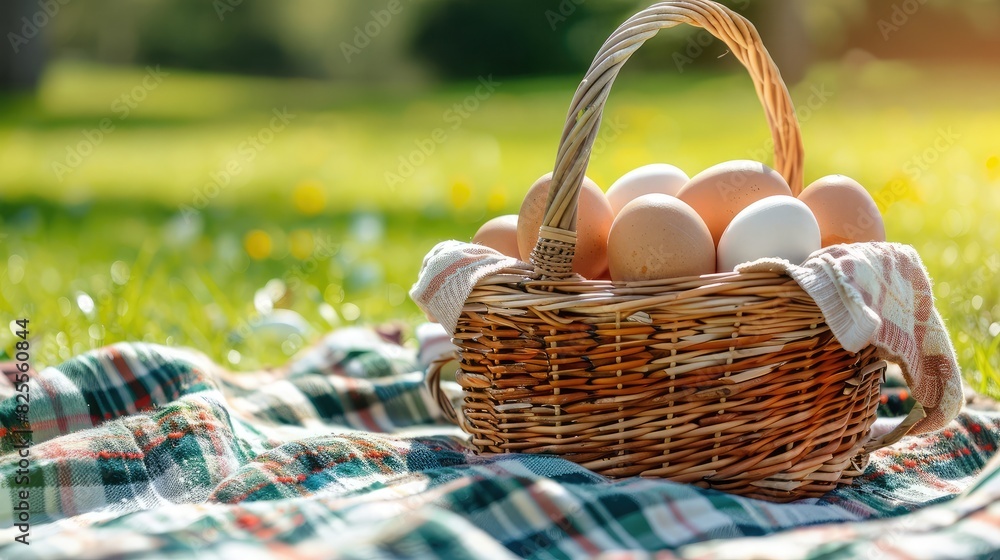 A basket of eggs placed on a picnic blanket, ready for a sunny outdoor meal. A basket of eggs placed on a picnic blanket, ready for a sunny outdoor meal.