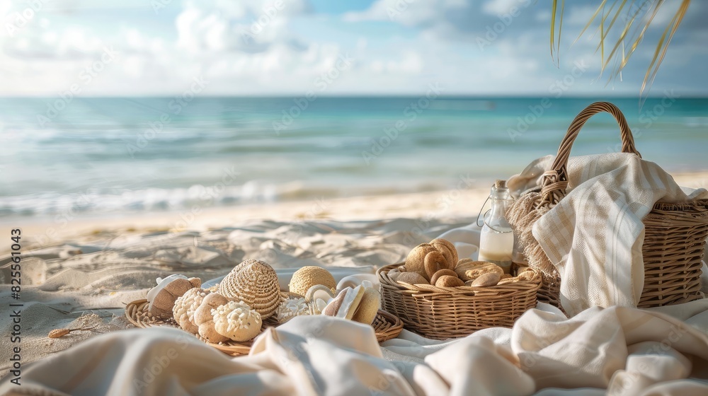 A beachside picnic setup with a blanket, basket, and snacks, overlooking the ocean. A beachside picnic setup with a blanket, basket, and snacks, overlooking the ocean.