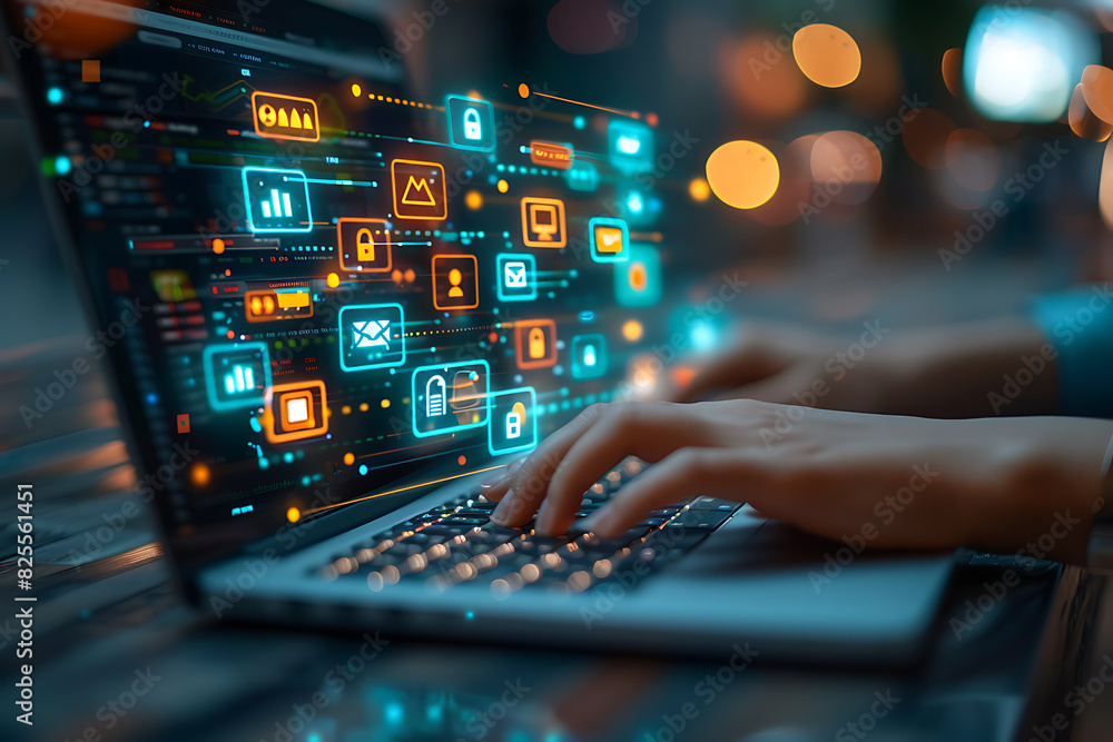 People typing on a laptop with holographic icons related to marketing and various digital activities floating above, symbolizing modern technology and connectivity People typing on a laptop with holographic icons related to marketing and various digital activities floating above, symbolizing modern technology and connectivity