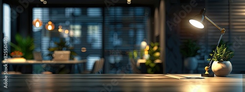 Modern office stylish dark workspace tabletop with table lamp