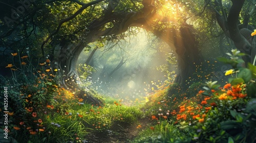 A mystical forest clearing with a hidden magical portal, shimmering with ethereal light, surrounded by vibrant flowers and ancient trees