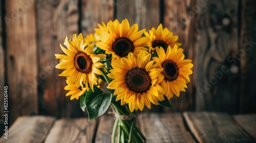 A bouquet of fresh sunflowers sitting on a rustic wooden table, bringing warmth and cheer to any space.