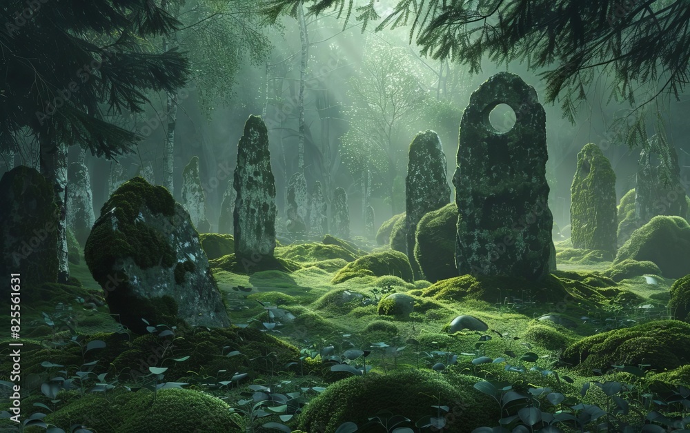 A mystical forest with ancient standing stones, partially covered in ...