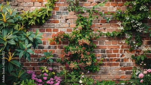 A brick wall in a garden setting  serving as a backdrop for blooming flowers and lush greenery.