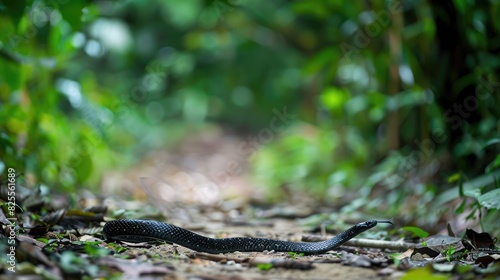 A black snake was seen moving across the hiking trail