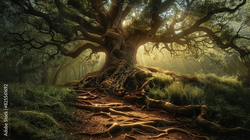 A path leading to an ancient tree, its massive trunk and sprawling roots creating a sense of awe and reverence