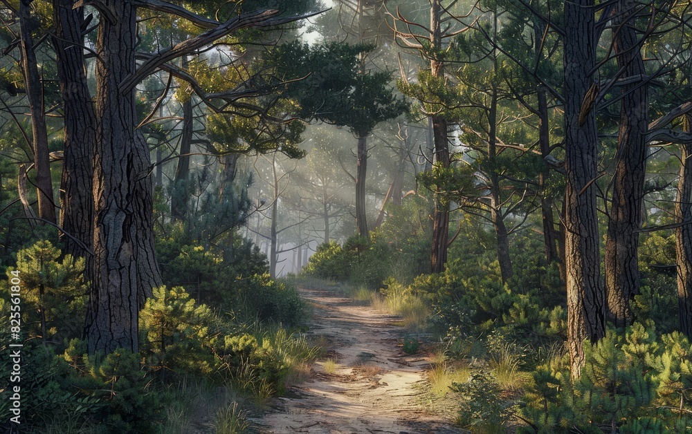 Fototapeta premium A trail through a pine forest, with the scent of pine needles and the soft light filtering through the dense canopy creating a magical atmosphere