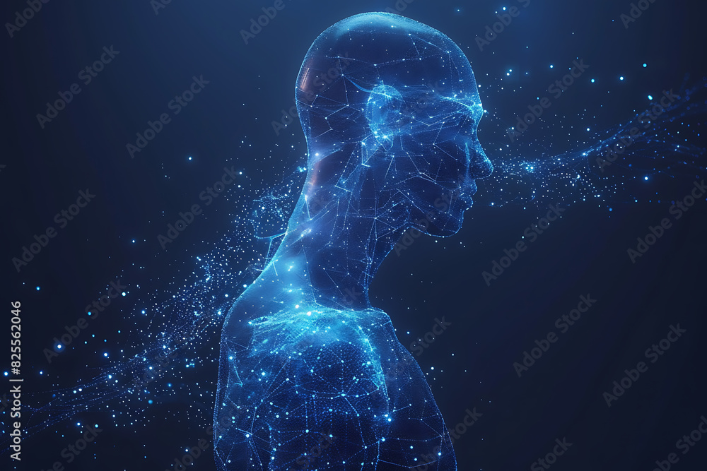 3D wireframe silhouette logo showcasing human muscles, set against a dark blue background, symbolizing strength, power, and anatomical precision 3D wireframe silhouette logo showcasing human muscles, set against a dark blue background, symbolizing strength, power, and anatomical precision