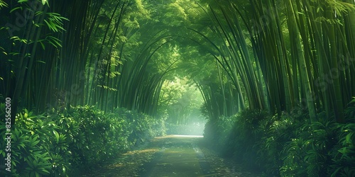An enchanted bamboo forest path, where tall bamboo stalks form a natural archway, creating a serene and mystical atmosphere photo