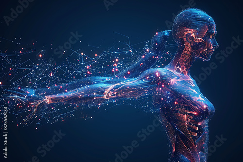 A low poly wireframe illustration of human power featuring a 3D male hand with flexed triceps, connected by dots, representing physical strength and athleticism photo