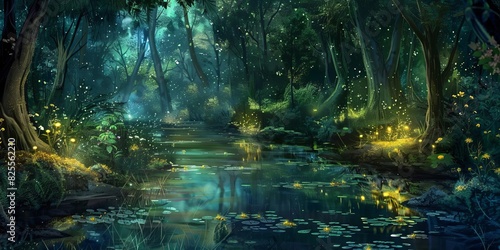 An enchanted forest where ponds and streams glow softly  their waters casting magical reflections and illuminating the dense forest