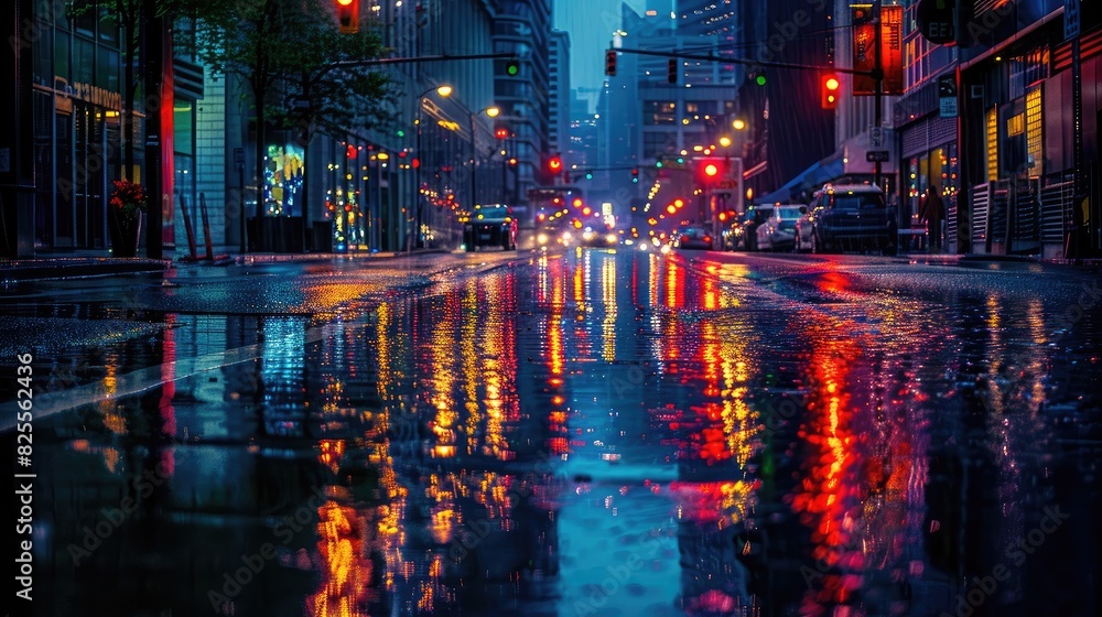 A city street illuminated by streetlights reflecting on rain-slicked pavement, depicting the urban rainy season.