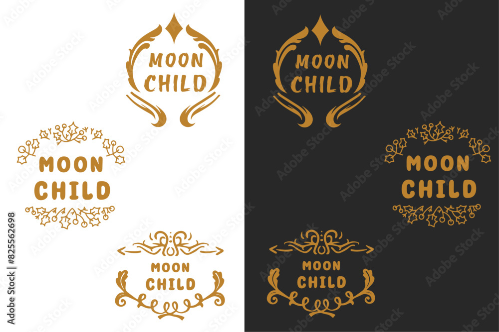 Moon child lettering badge emblem poster design set. Groovy retro vintage style. Spiritual girls aesthetic quotes. Witchy text for t-shirt design and print vector.