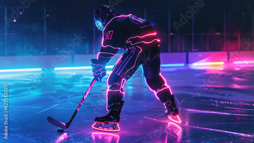 Hockey Player in Action on a Neon-Lit Ice Rink